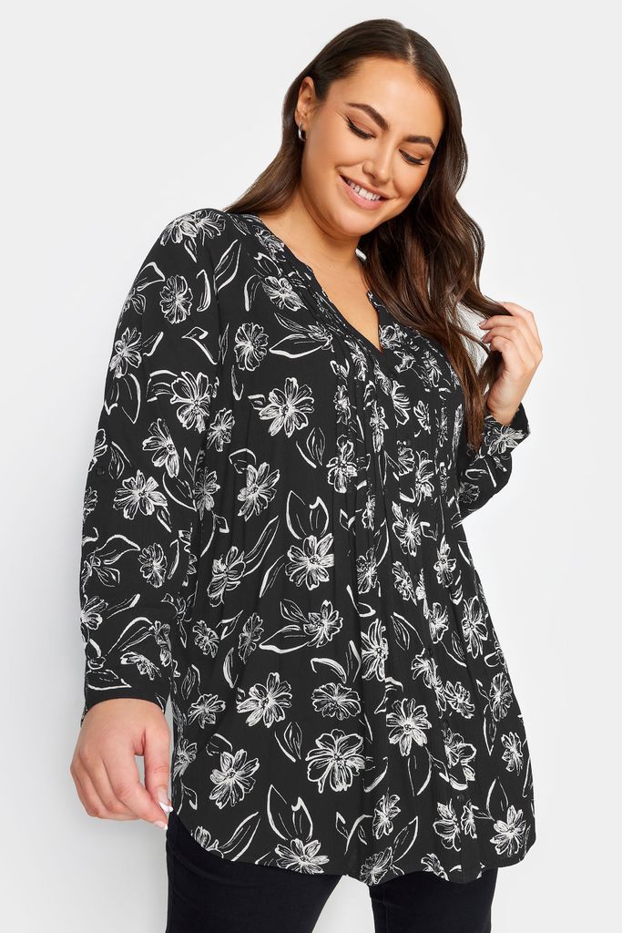 Curve Black Pintuck Floral Print Shirt, Women's Curve & Plus Size, Yours