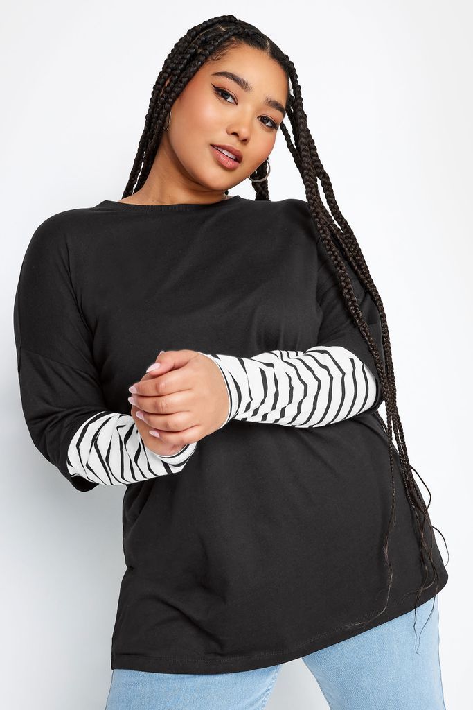 Curve Black 2 In 1 Stripe Sleeve Top, Women's Curve & Plus Size, Yours