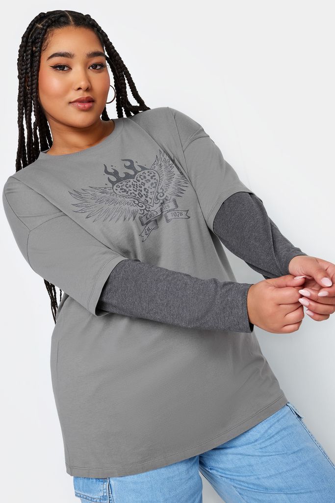 Curve Grey 2 In 1 Flame Heart Print Top, Women's Curve & Plus Size, Yours
