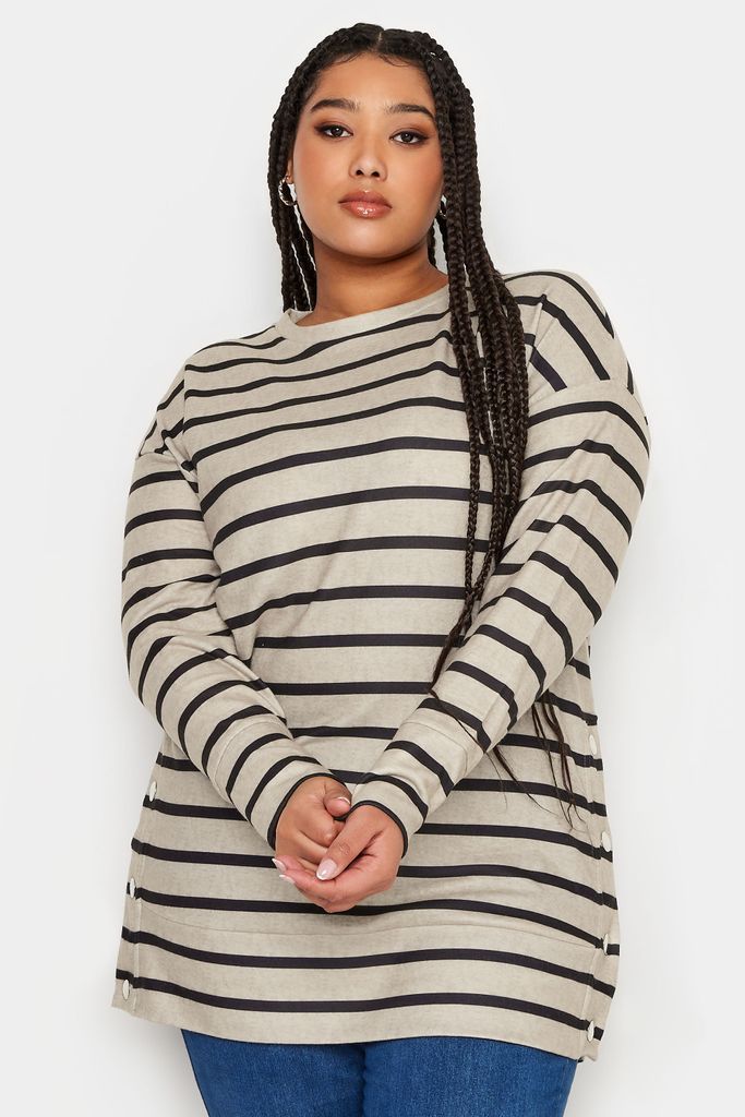 Curve Beige Brown Striped Side Popper Top, Women's Curve & Plus Size, Yours
