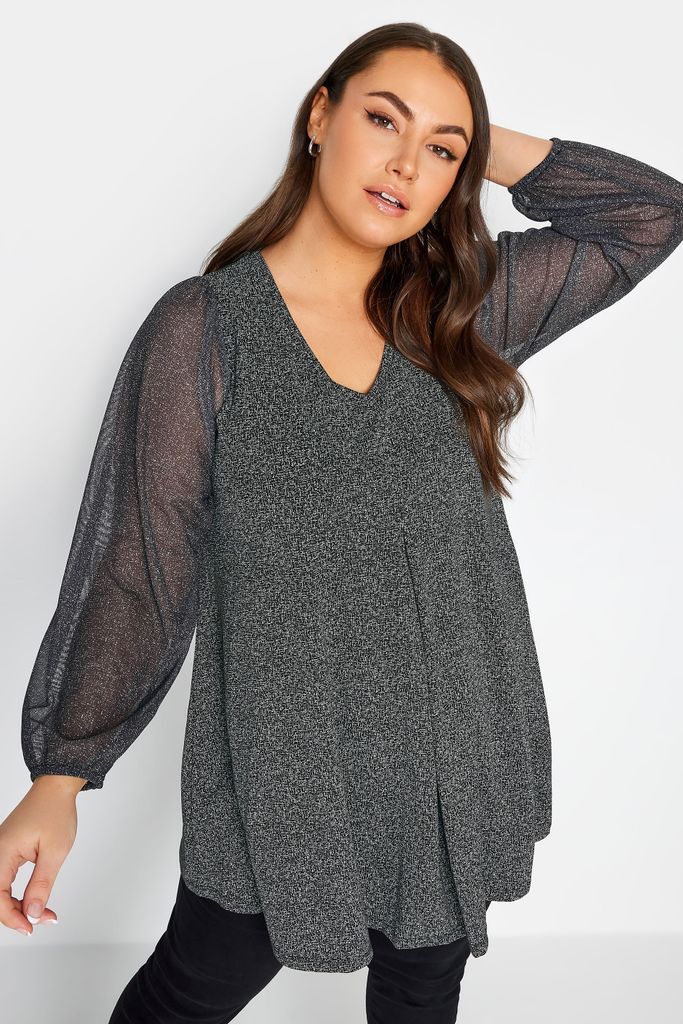 Curve Grey Mesh Sleeve Pleated Top, Women's Curve & Plus Size, Yours