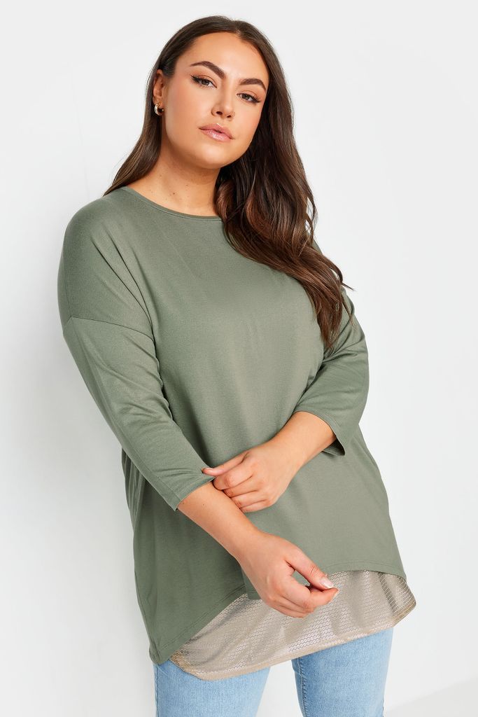 Curve Khaki Green Mesh Hem Top, Women's Curve & Plus Size, Yours