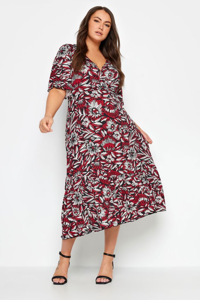 Curve Red Floral Print Angel Sleeve Midi Dress, Women's Curve & Plus Size, Yours