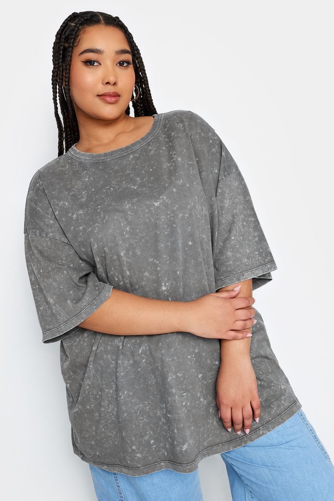 Curve Grey Acid Wash Boxy Tshirt, Women's Curve & Plus Size, Yours