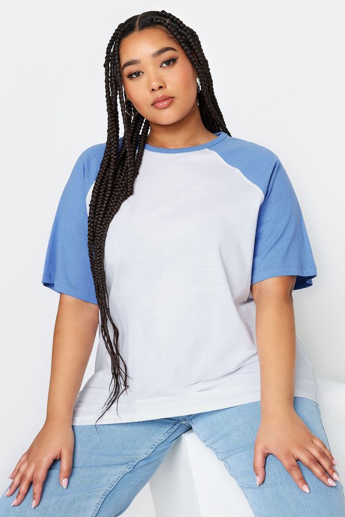 Curve White & Blue Raglan Sleeve Tshirt, Women's Curve & Plus Size, Yours