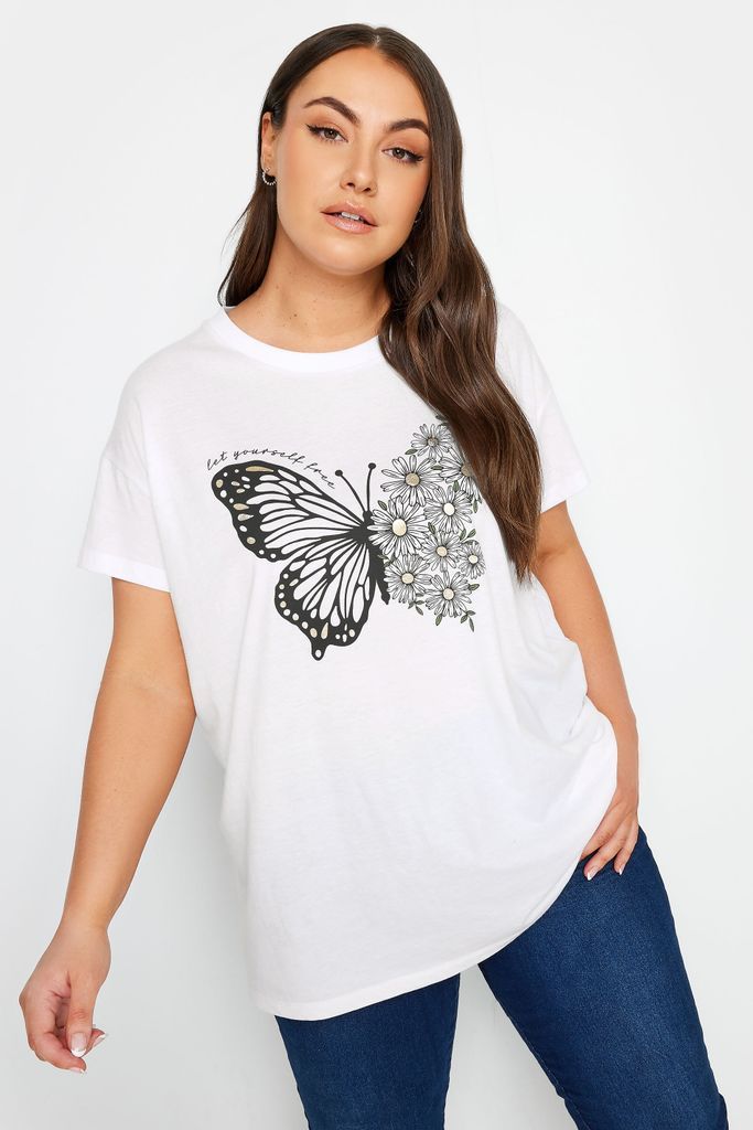 Curve White Floral Butterfly Print Tshirt, Women's Curve & Plus Size, Yours