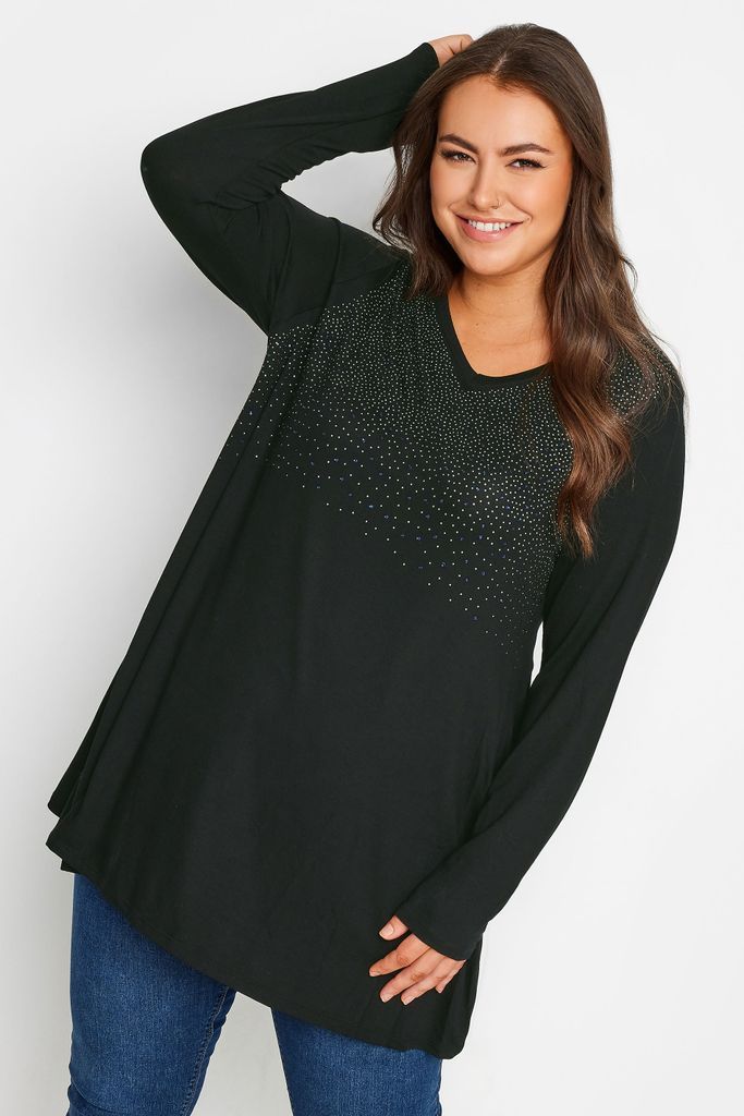 Curve Black Stud Embellished Long Sleeve Top, Women's Curve & Plus Size, Yours
