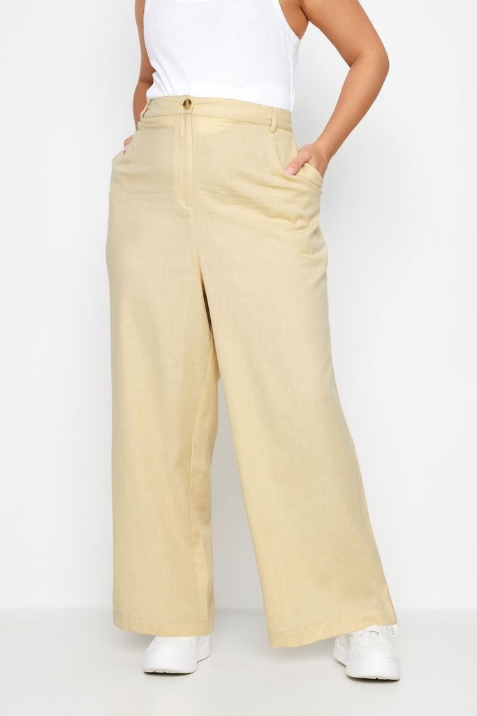 Curve Beige Brown Linen Wide Leg Trousers, Women's Curve & Plus Size, Limited Collection