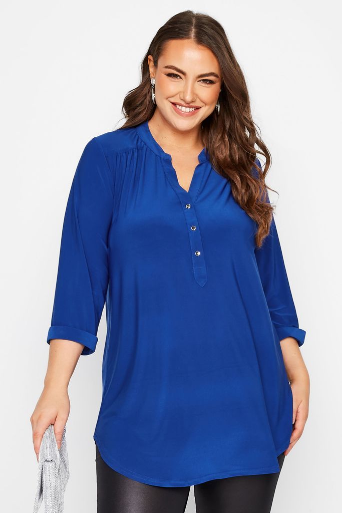 London Curve Cobalt Blue Half Placket Shirt, Women's Curve & Plus Size, Yours