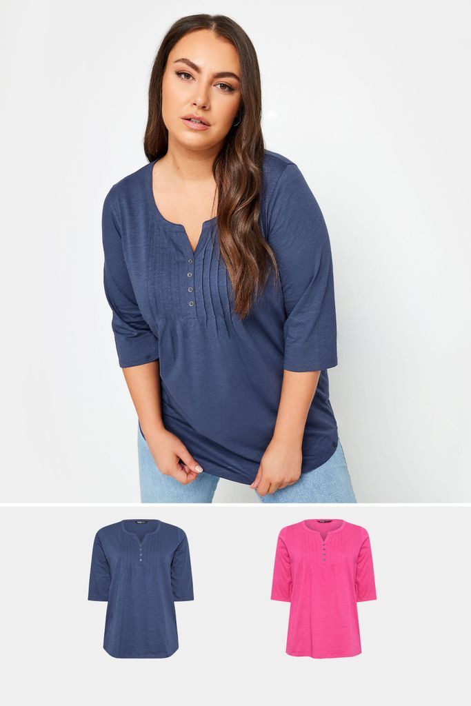 2 Pack Blue & Pink Pintuck Henley Tops, Women's Curve & Plus Size, Yours
