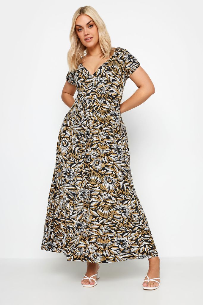 Curve Black Leaf Print Tiered Maxi Dress, Women's Curve & Plus Size, Yours