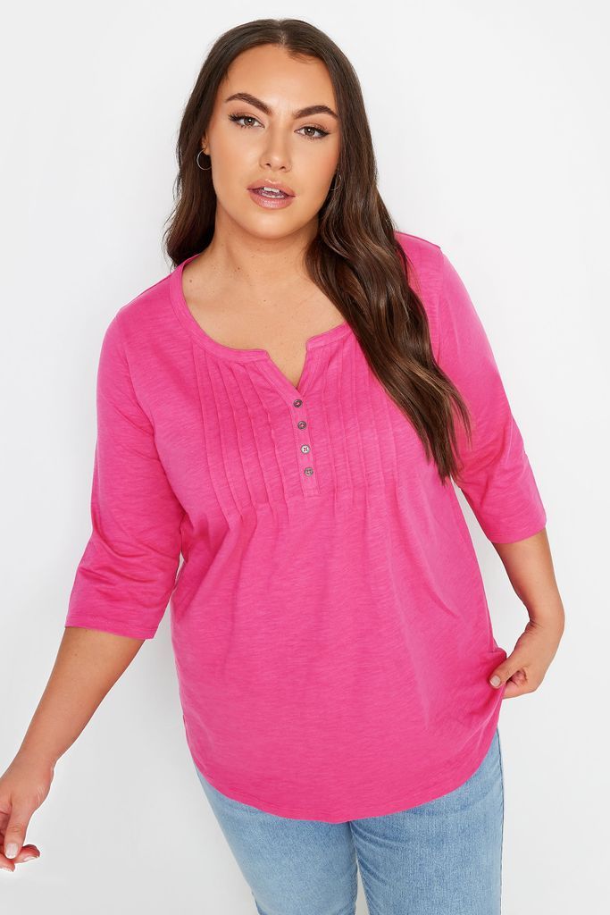 Curve Bright Pink Pintuck Henley Top, Women's Curve & Plus Size, Yours