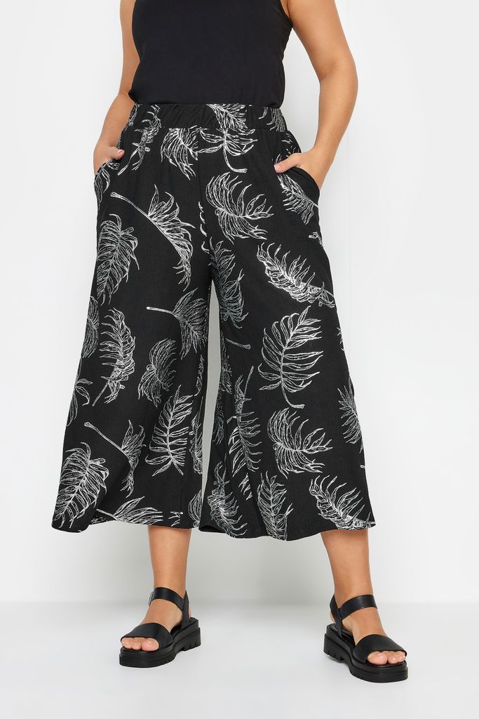 Curve Black Leaf Print Wide Leg Trousers, Women's Curve & Plus Size, Yours