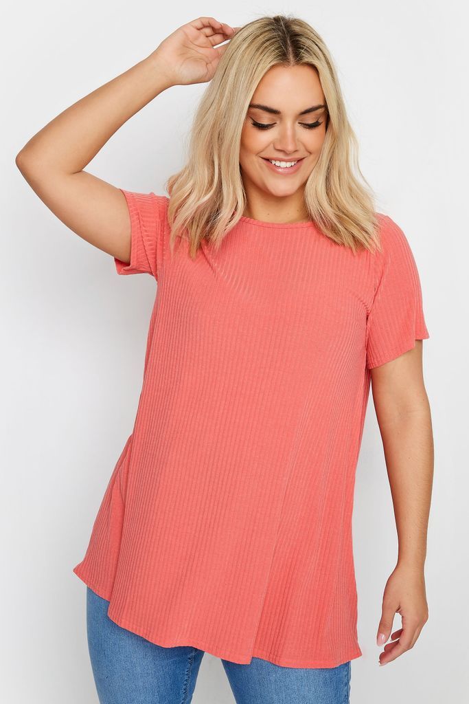 Curve Coral Orange Ribbed Swing Top, Women's Curve & Plus Size, Yours