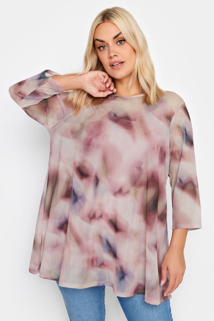 Curve Pink Abstract Print Mesh Layered Top, Women's Curve & Plus Size, Yours