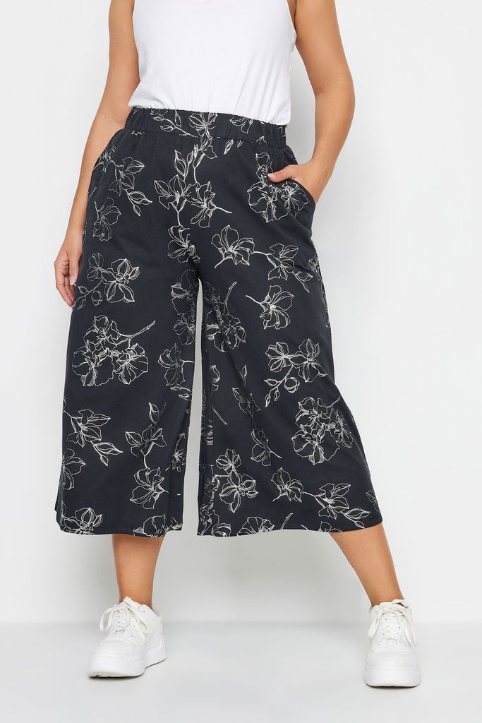 Curve Black Floral Foil Print Midaxi Culottes, Women's Curve & Plus Size, Yours