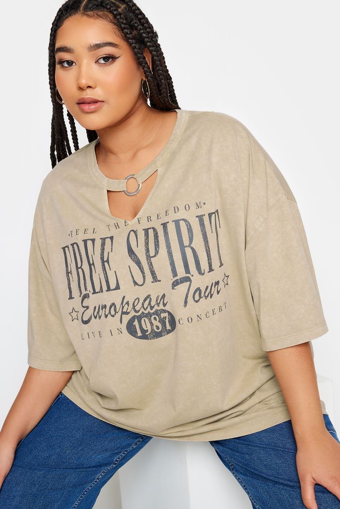 Curve Brown 'Free Spirit' Printed Tshirt, Women's Curve & Plus Size, Yours