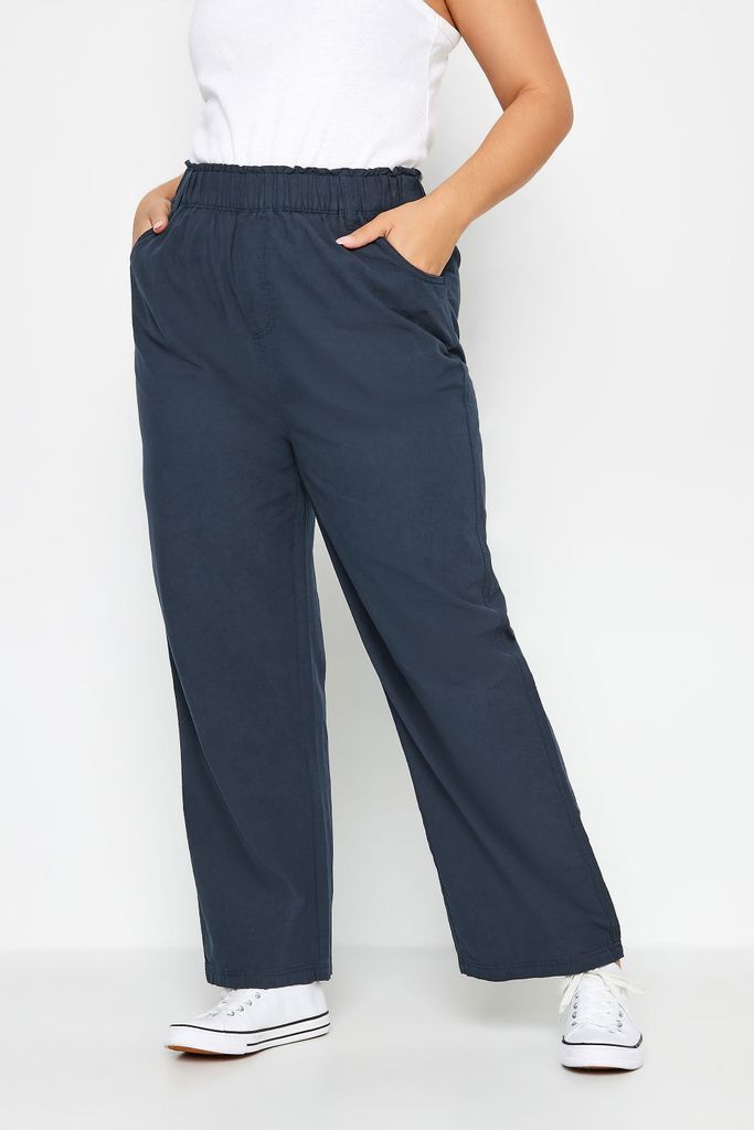 Curve Navy Blue Cool Cotton Wide Leg Trousers, Women's Curve & Plus Size, Yours