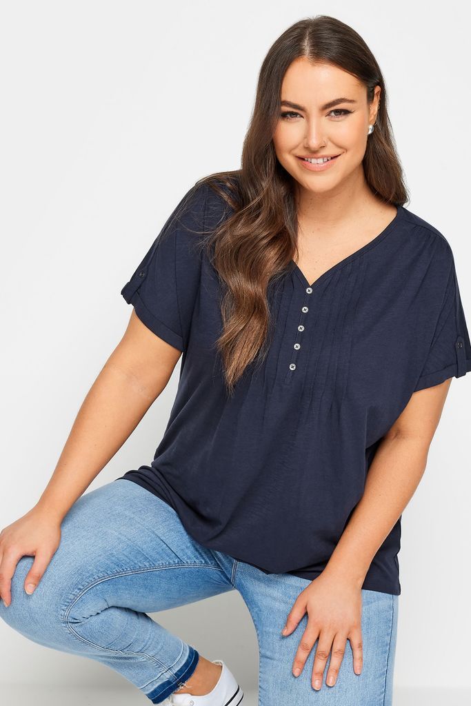 Curve Navy Blue Henley Tshirt, Women's Curve & Plus Size, Yours
