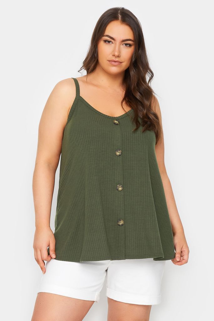 Curve Khaki Green Ribbed Button Front Cami Top, Women's Curve & Plus Size, Yours