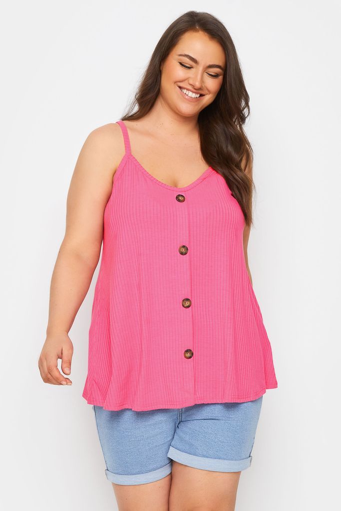 Curve Pink Ribbed Button Front Cami Top, Women's Curve & Plus Size, Yours