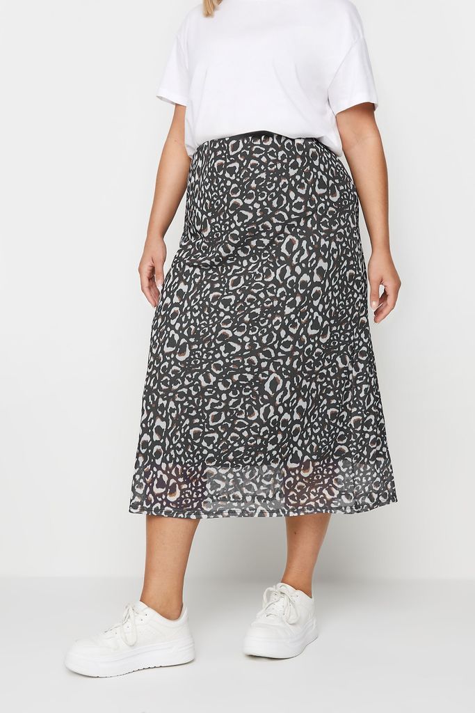 Curve Grey Leopard Print Mesh Maxi Skirt, Women's Curve & Plus Size, Yours