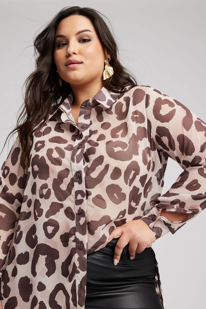 Curve Natural Brown Leopard Print Boyfriend Shirt, Women's Curve & Plus Size, Yours London