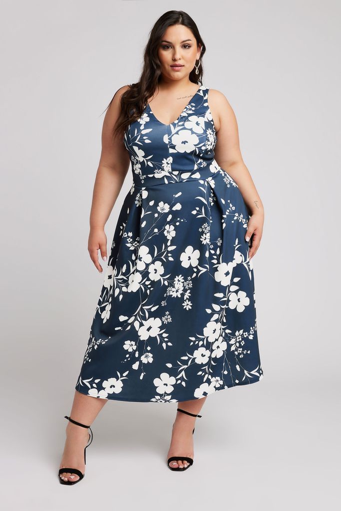 Curve Navy Blue Floral Pleat Dress, Women's Curve & Plus Size, Yours London
