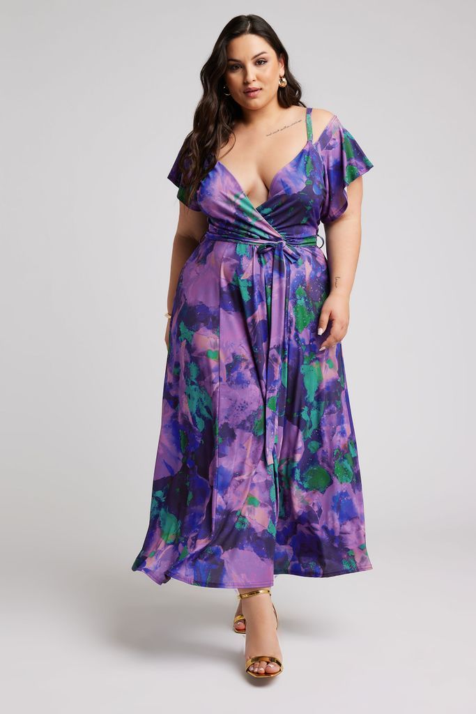 Curve Purple Abstract Print Wrap Dress, Women's Curve & Plus Size, Yours London