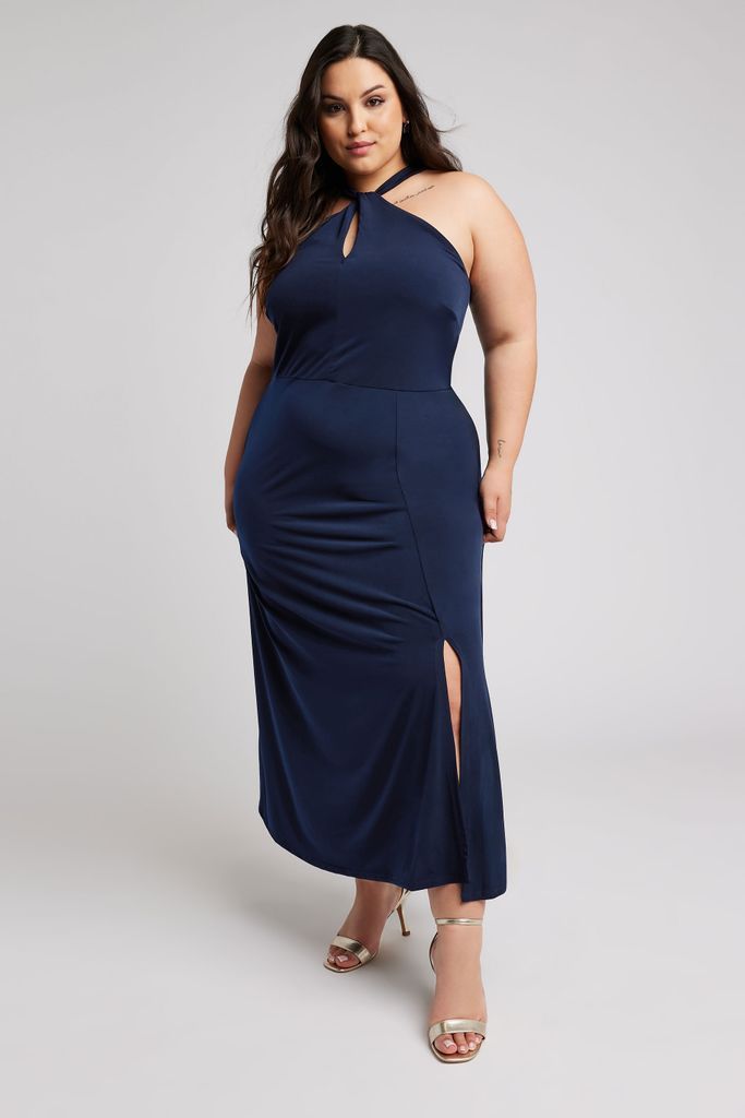 Curve Navy Blue Twist Halter Neck Maxi Dress, Women's Curve & Plus Size, Yours London