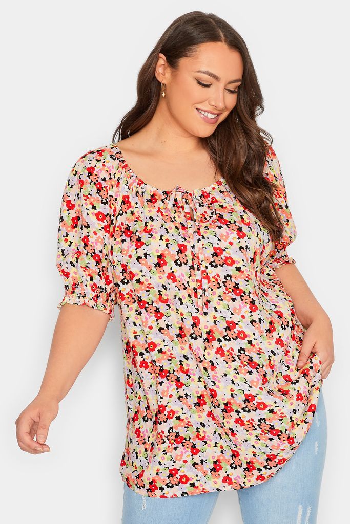 Curve White & Red Floral Tie Neck Top, Women's Curve & Plus Size, Yours