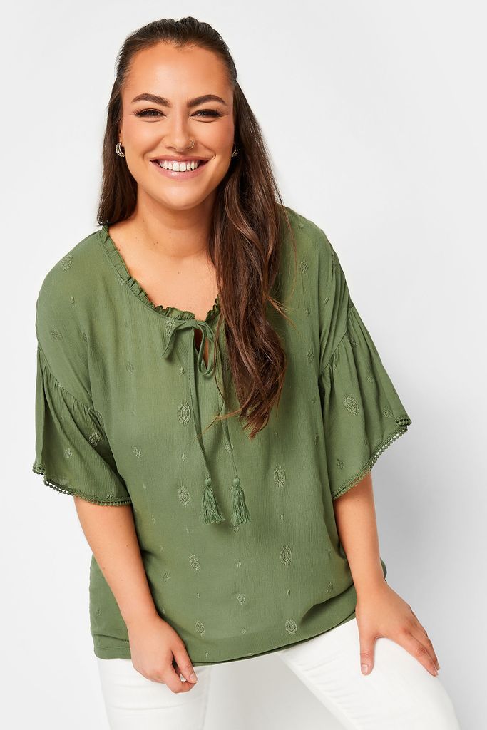 Curve Khaki Green Tie Neck Embroidered Top, Women's Curve & Plus Size, Yours