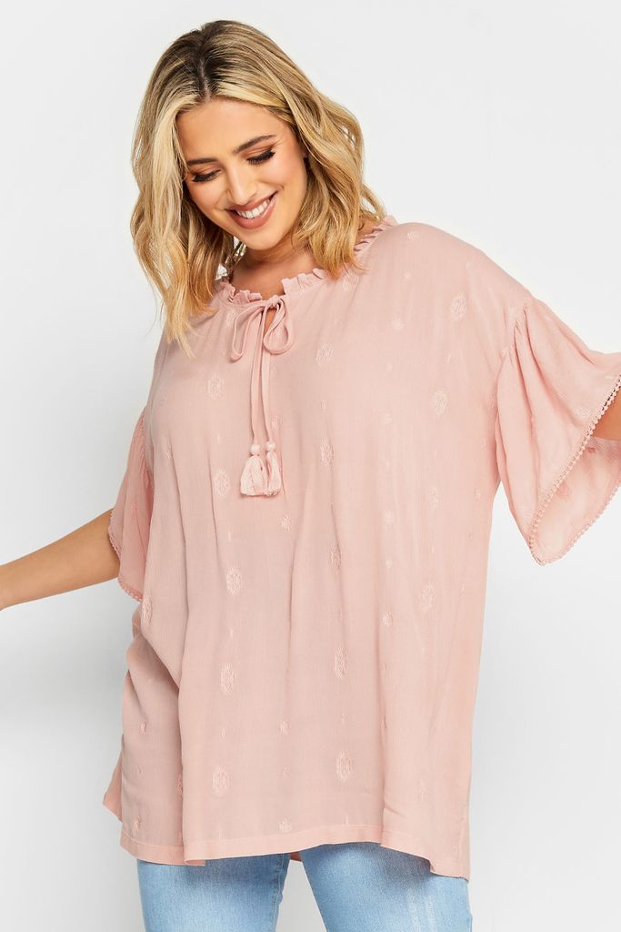 Curve Light Pink Tie Neck Embroidered Top, Women's Curve & Plus Size, Yours
