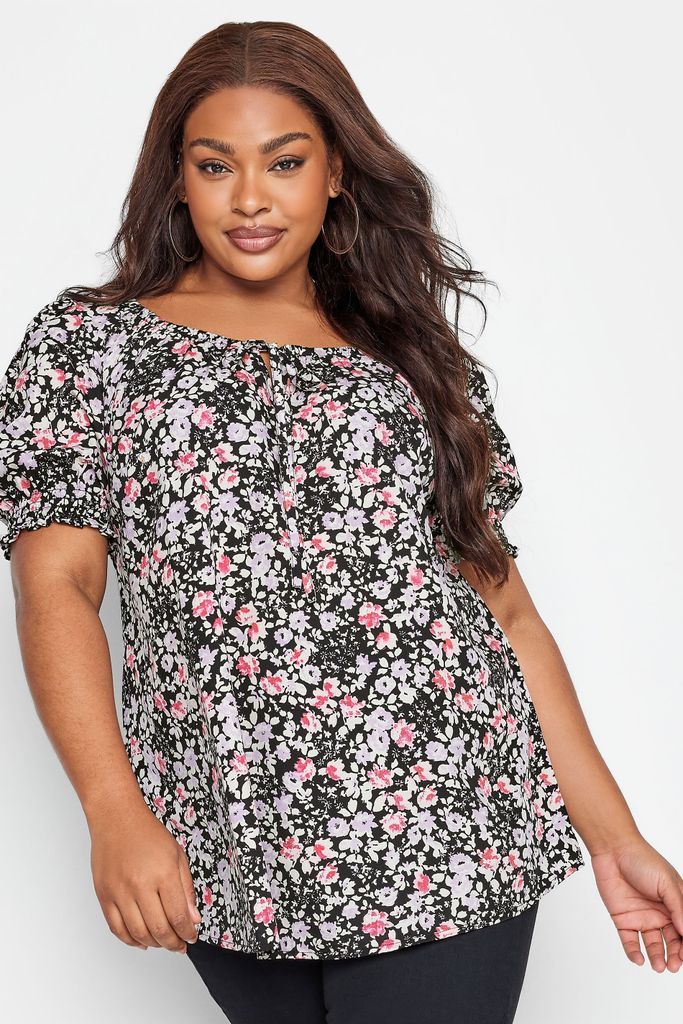 Curve Black & Pink Floral Tie Front Top, Women's Curve & Plus Size, Yours