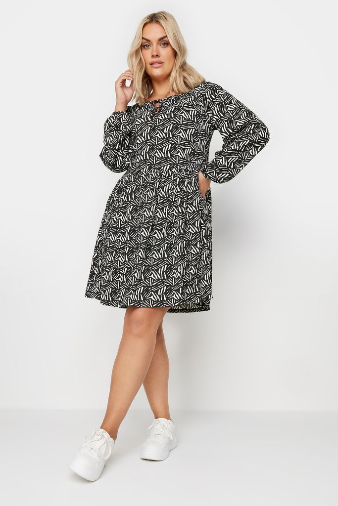 Curve Black & White Abstract Print Long Sleeve Mini Dress, Women's Curve & Plus Size, Yours