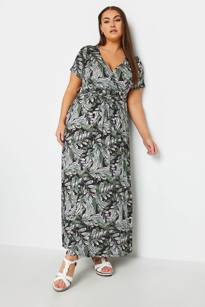 Curve Black & Green Leaf Print Wrap Maxi Dress, Women's Curve & Plus Size, Yours