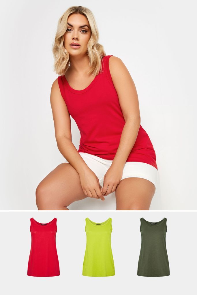3 Pack Curve Red & Green Vest Tops, Women's Curve & Plus Size, Yours