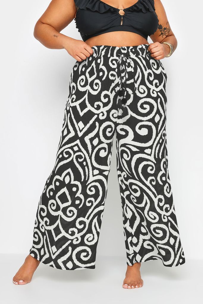 Curve Black Abstract Print Crinkle Tassel Trousers, Women's Curve & Plus Size, Yours