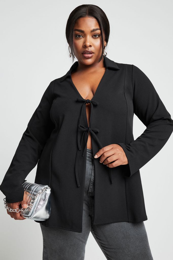 Curve Black Bow Front Split Sleeve Top, Women's Curve & Plus Size, Limited Collection