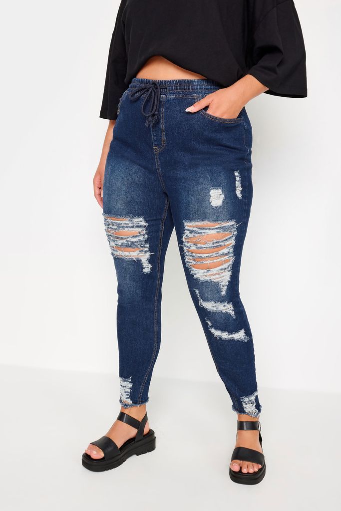 Curve Blue Elasticated Waist Ripped Stretch Skinny Ava Jeans, Women's Curve & Plus Size, Yours