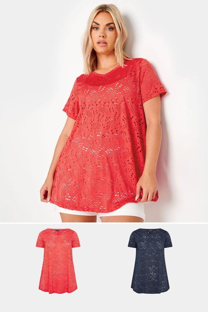 Curve 2 Pack Red & Navy Blue Broderie Swing Tshirts, Women's Curve & Plus Size, Yours