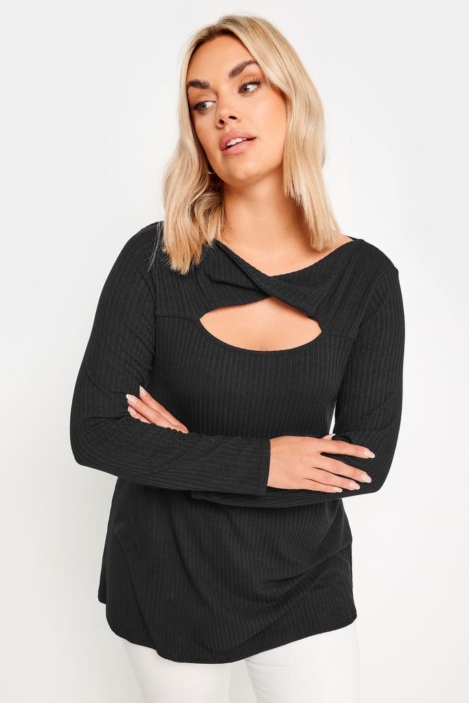 Curve Black Twist Front Ribbed Swing Top, Women's Curve & Plus Size, Yours