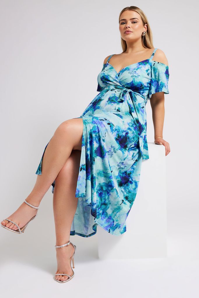 Curve Blue Floral Print Cold Shoulder Dress, Women's Curve & Plus Size, Yours London