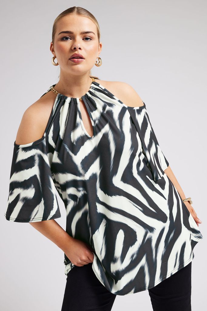 Curve Black Zebra Print Cold Shoulder Top, Women's Curve & Plus Size, Yours London
