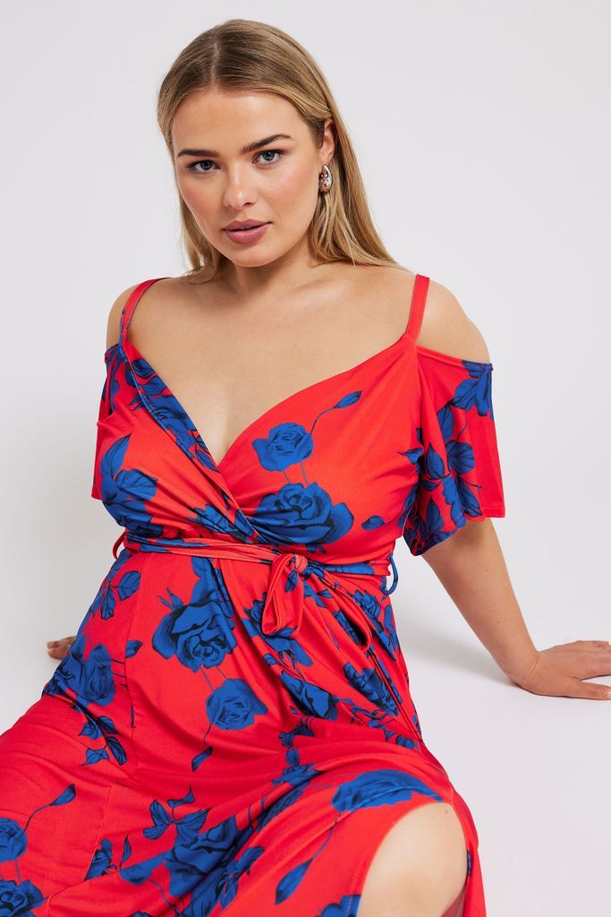 Curve Red & Blue Floral Bardot Maxi Dress, Women's Curve & Plus Size, Yours London