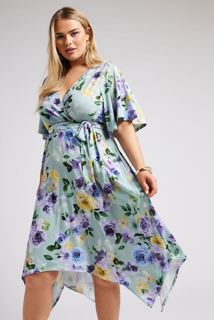 Curve Sage Green Floral Print Hanky Hem Wrap Dress, Women's Curve & Plus Size, Yours London