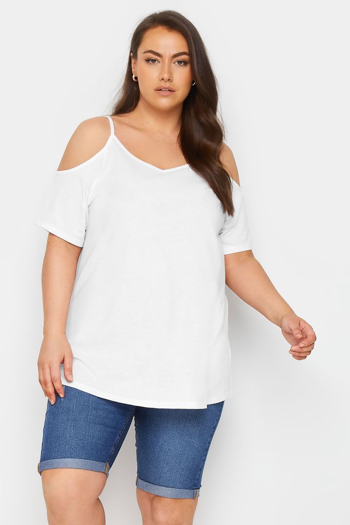 Curve White Cold Shoulder Tshirt, Women's Curve & Plus Size, Yours