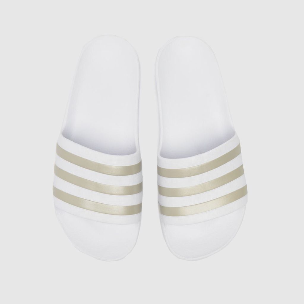 adilette aqua sandals in white & gold
