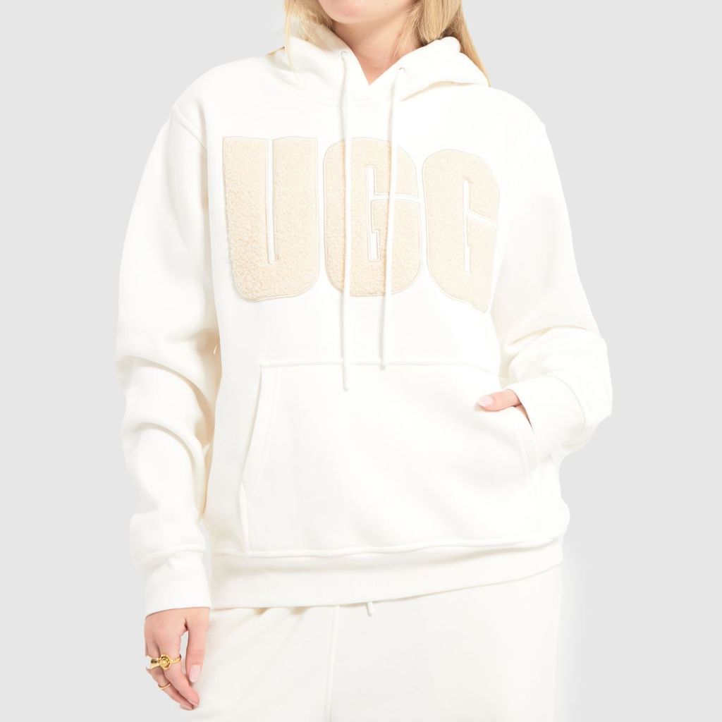 rey fluff logo hoodie in white & beige