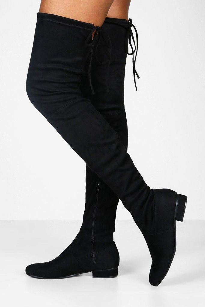 Womens Flat Tie Back Thigh High Boots - Black - 3, Black
